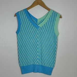 Womens Sweater Vest M Blue Green Chevron V-Neck Viscose Knit Sleeveless Preppy